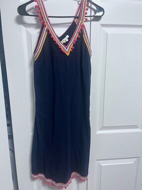 Boden women’s dress navy Pom Pom Trim Sundress with Rainbow Straps tassels 6 L